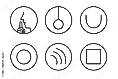 Quiet Weight Icons. Line style round vector icons of Quiet Weight: dark tone, suspended sphere, deep curve, gentle mass, slow echo