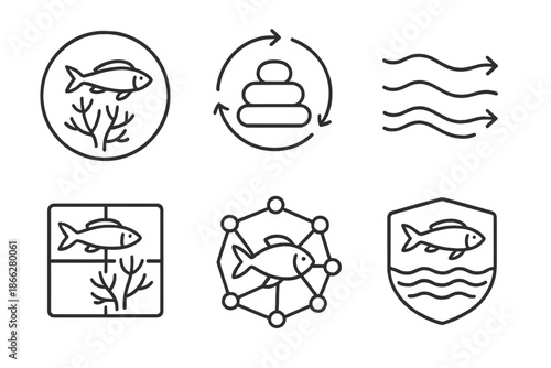 Marine Ecosystem Icons. Line style icons of marine ecosystem balancers: fish and coral harmony circle, nutrient cycle diagram,
