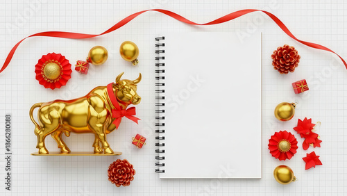 Golden bull figurine with red ribbon on notebook with red decorations