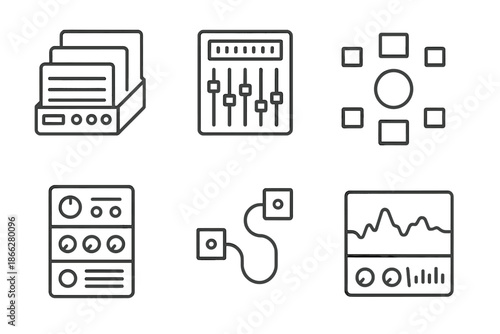 Virtual Audio Interface. Line style icons of virtual mixing environments: multi-layer console, digital fader board, surround sound