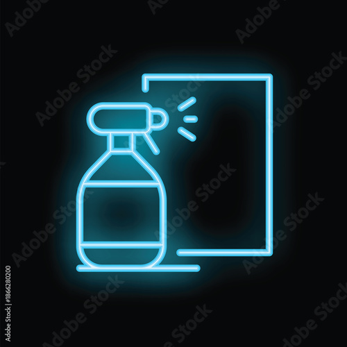 Blue neon icon of a spray bottle cleaning a window, representing cleaning services and hygiene