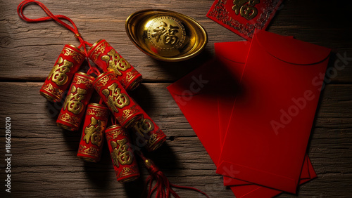 Chinese new year celebration with firecrackers and red envelopes