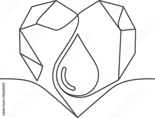 Minimalist single-line illustration portraying a crystalline heart cradling a pristine water drop, embodying themes of ecological preservation and heartfelt emotion.