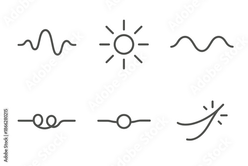 Luminous Calm Icons. Line style round vector icons of Luminous Calm: smooth pulse, radiant line, slow wave, quiet thread, glowing