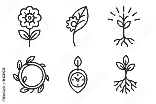 Clockwork Botanical Design. Line style round vector icons of Clockwork Eden: mechanical flower, gear leaf, radiant stem, ticking