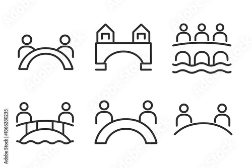 Bridge Connections Icons. Line style icons of bridge connections between communities: arch bridge link, double settlement