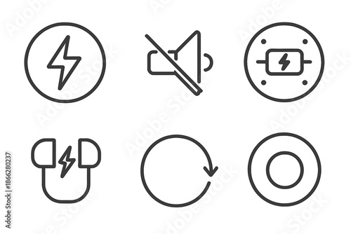 Electric Silence Icons. Line style round vector icons of Electric Silence: fading glow, low current, circular spark, quiet signal,