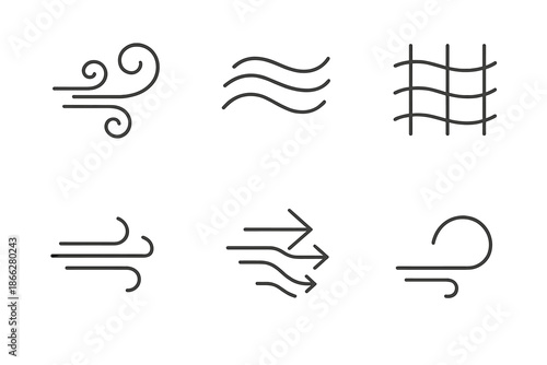 Breeze-Inspired Line Icons. Line style icons of breeze-inspired transitions: airy swirl pattern, flowing movement wave, subtle