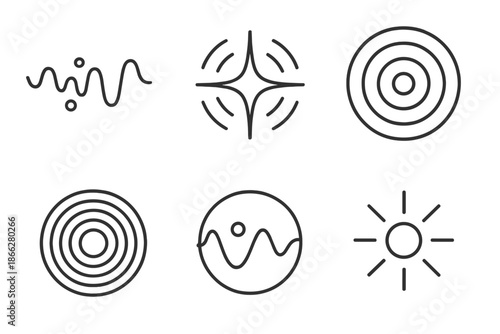 Cosmic Signal Icons. Line style round vector icons of Cosmic Message: drifting pulse, star signal, glowing ripple, circular beam,