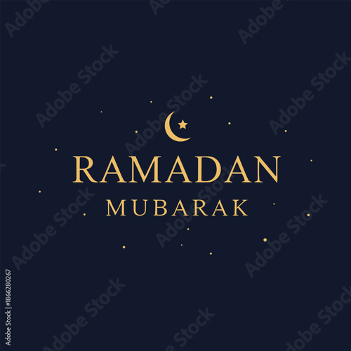 Elegant Ramadan Mubarak vector design featuring crescent moon and stars with refined typography on a dark blue background, minimal luxury style ideal for greeting cards, banners, posters, and festive 