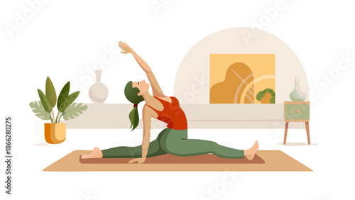Warm minimalist vector of a woman practicing yoga in a sunlit room, earthy tones (terracotta, beige, sage green), organic shapes, serene atmosphere.