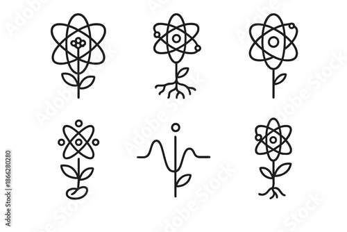 Particle Flora Icons. Line style round vector icons of Particle Flora: atom flower, quantum root, glowing orbit, luminous stem,