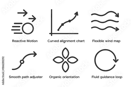 Adaptive Movement Icons. Line style icons of adaptive movement signals: reactive motion icon, curved alignment chart, flexible