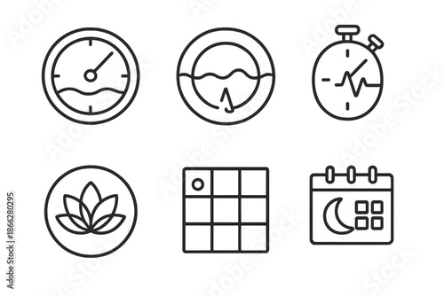 Peaceful Time Icons. Line style icons of peaceful timing systems: flow-based clock, rhythmic wave dial, soft pulse timer, serene
