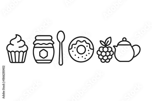 Sweet Moment Icons. Line style icons of Sweet Moments: cupcake, honey jar, spoon, donut, berry, teapot. No text, No labels,