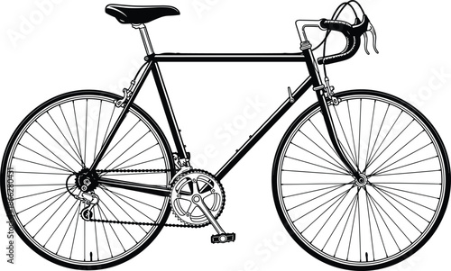 Road Racing Bicycle Black and White Vector Illustration, Detailed Side View with Drop Handlebars, Thin Tires, and Derailleur Gears, Ideal for Sport and Transportation Themes