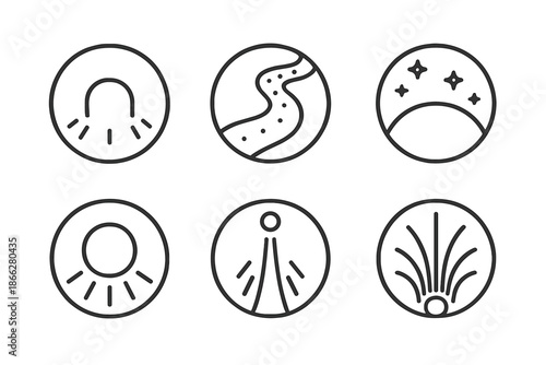 Luminous Field Vectors. Line style round vector icons of Field of Light: luminous edge, charged path, glowing curve, soft motion,