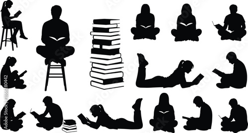 Reading people silhouettes collection showing students and adults studying books, education and learning activities, black vector illustration set for literacy concepts