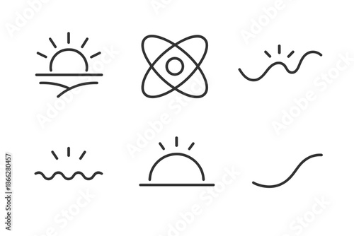 Energy Horizon Icons. Line style round vector icons of Energy Horizon: solar beam, glowing orbit, curved path, radiant current,