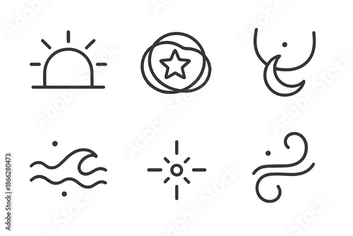 Radiant Sky Icons. Line style round vector icons of Radiant Sky: glowing arc, star loop, moon thread, cosmic wave, luminous point,