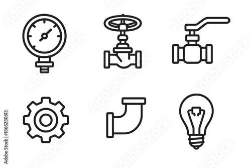 Industrial Line Icons. Line style icons of Industrial Grace: pressure gauge, valve wheel, lever handle, cog gear, pipe joint, fuse