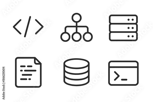Code Flow Icons. Line style icons of Code Flow — minimal icons for devs: brackets, nodes, servers, scripts, databases, and