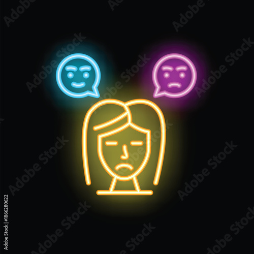 Neon style icon of a woman feeling sad and choosing between a positive and negative emotion for her mental health