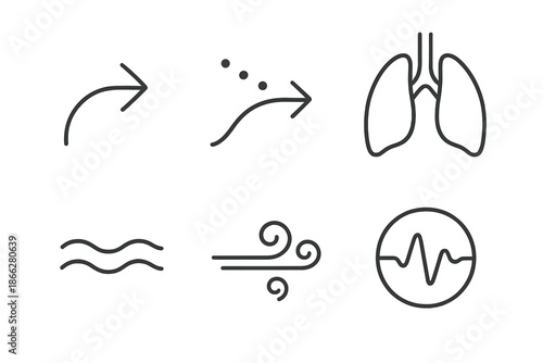 Breathing Flow Icons. Line style icons of Breathing Flow: inhale curve, exhale dots, lung shape, wave motion, calm air, rhythm