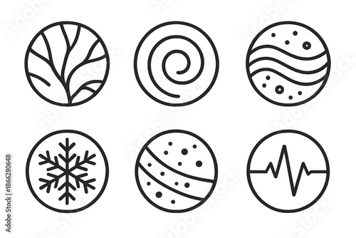 Frozen Currents Icons. Line style round vector icons of Frozen Currents: glacial vein, chilled loop, cold ripple, icy pattern,