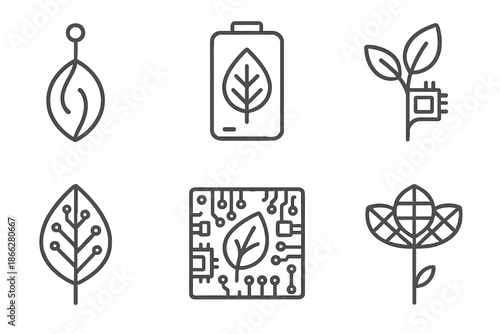Biofusion Device Icons. Line style icons of Biofusion Devices: seed with antenna, organic battery, plant-based chip, neural leaf