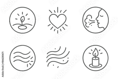 Emotional Light Icons. Line style round vector icons of Emotional Light: glowing seed, heart spark, luminous breath, flowing