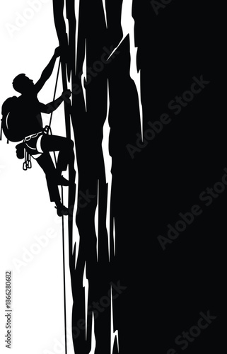 Rock climber silhouette scaling steep cliff with rope, adventure sport and extreme challenge concept, determination and courage theme, outdoor mountaineering vector illustration
