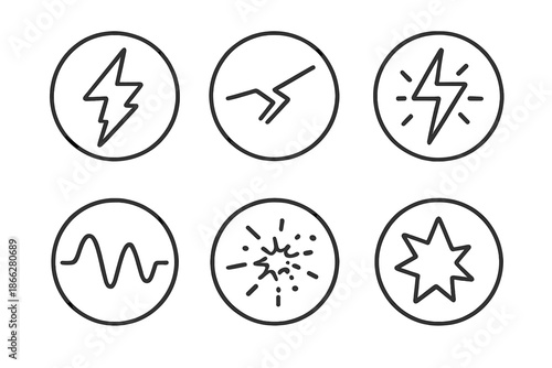 Cracked Energy Icons. Line style round vector icons of Cracked Energy: broken pulse, fractured line, glowing split, dispersed