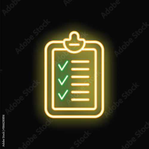 Neon sign showing a clipboard with a checklist, symbolizing tasks, goals, or accomplishments