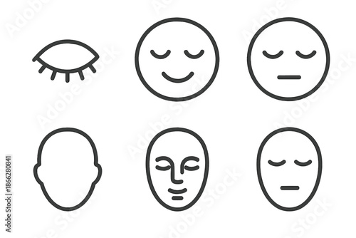 Tranquil Faces Icons. Line style round vector icons of Tranquil Faces: peaceful eye, curved expression, resting mouth, soft