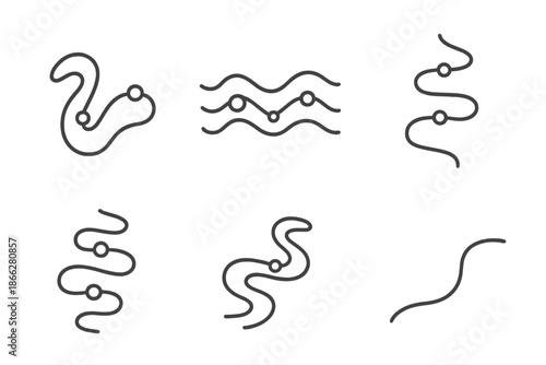 River Flow Timeline. Line style icons of river flow as timeline visualization: winding current chart, fluid progress stream,