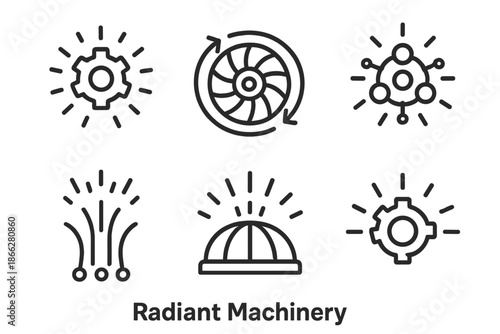 Radiant Machinery Icons. Line style round vector icons of Radiant Machinery: bright cog, rotating wheel, glowing mechanism, light