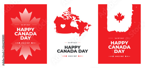 Set of vertical greeting cards. Happy Canada day. Maple leaves, map of county with heart, brush stroke. Red and white. Happy 1st of July national holiday Celebrating Canadian anniversary geometrical