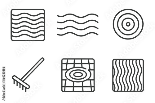 Zen Garden Icons. Line style icons of raked sand as mental clarity: zen garden pattern, flowing sand lines, concentric focus rings