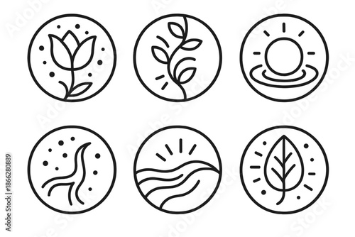 Bioluminescent Bloom Icons. Line style round vector icons of Living Light: bioluminescent bloom, luminous vine, gentle glow,