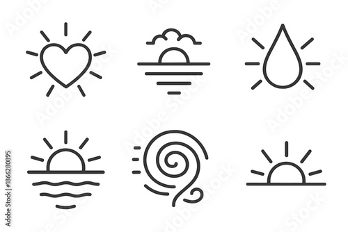 Visual Emotion Icons. Line style icons of Visual Emotion: glowing heart, calm horizon, radiant tear, tranquil beam, stormy swirl,