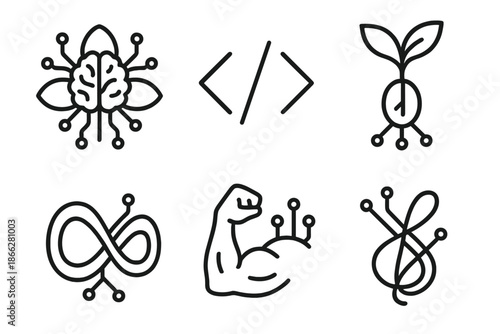 Bio Digital Icons. Line style icons of Bio Digital Harmony: neural bloom, glowing code, wired seed, electric muscle, organic loop,