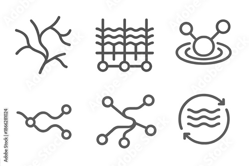 Aquatic Network Icons. Line style icons of aquatic networks as communication channels: interconnected stream web, waterline data