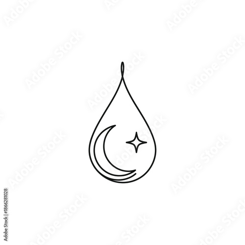 A minimalist line art illustration captures a mystical teardrop containing a serene crescent moon and a sparkling star, symbolizing dreams and celestial wonder.