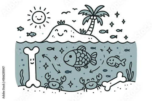 Joyful Underwater Doodle. Cheerful doodle island habitat duration with happy deep-sea species, cartoon bones with faces, smiling