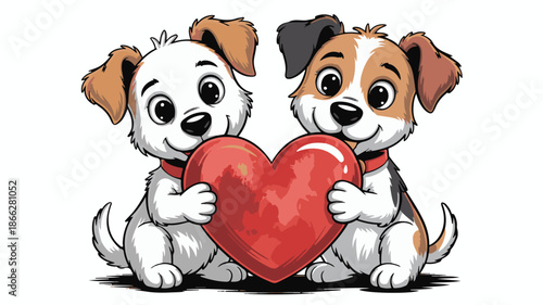 Two cute cartoon puppies holding a large red heart on a white background dogs animal