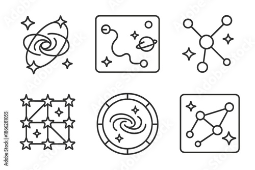 Galactic Network Icons. Line style icons of universal exploration networks: interconnected galaxy web, cosmic route interface,