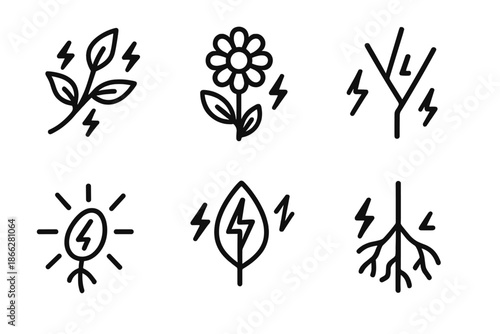 Electric Nature Icons. Line style icons of Electric Nature: glowing branch, static flower, electric vein, radiant seed, shimmering