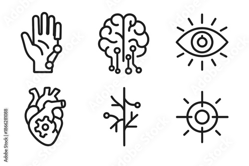 Post-Human Icons. Line style icons of Post-Human Design: hybrid hand, neural circuit, glowing eye, mechanical heart, digital vein,