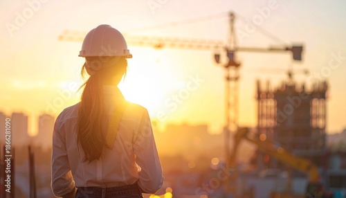 Woman construction worker observes industrial building construction site during sunset with crane structure